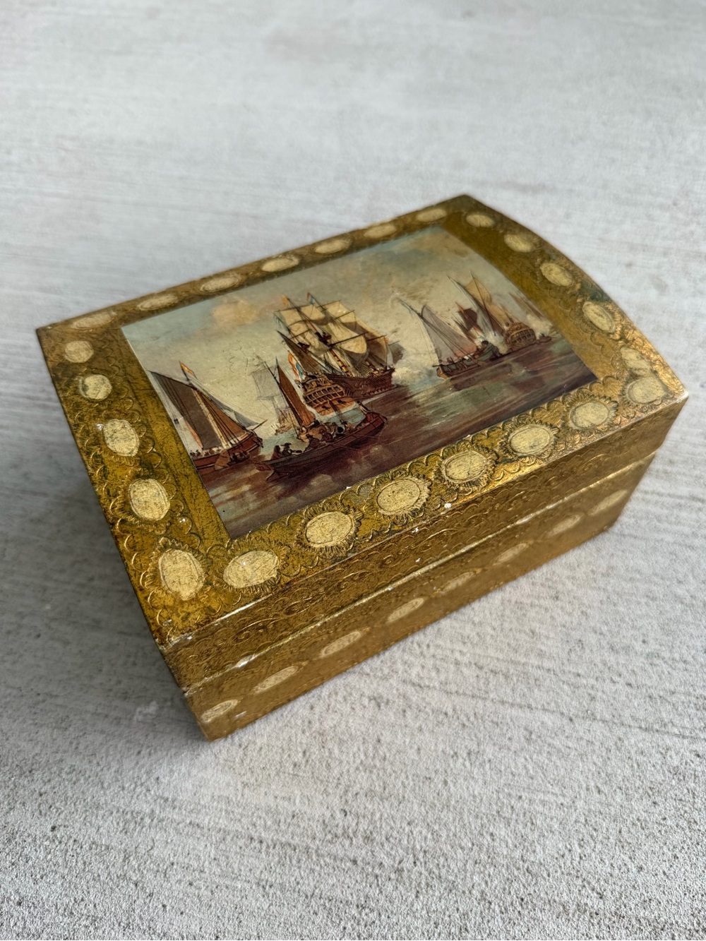 Vintage Florentia Italian Decorative Wooden Jewelry Box Sailing Ships Gold Gilt